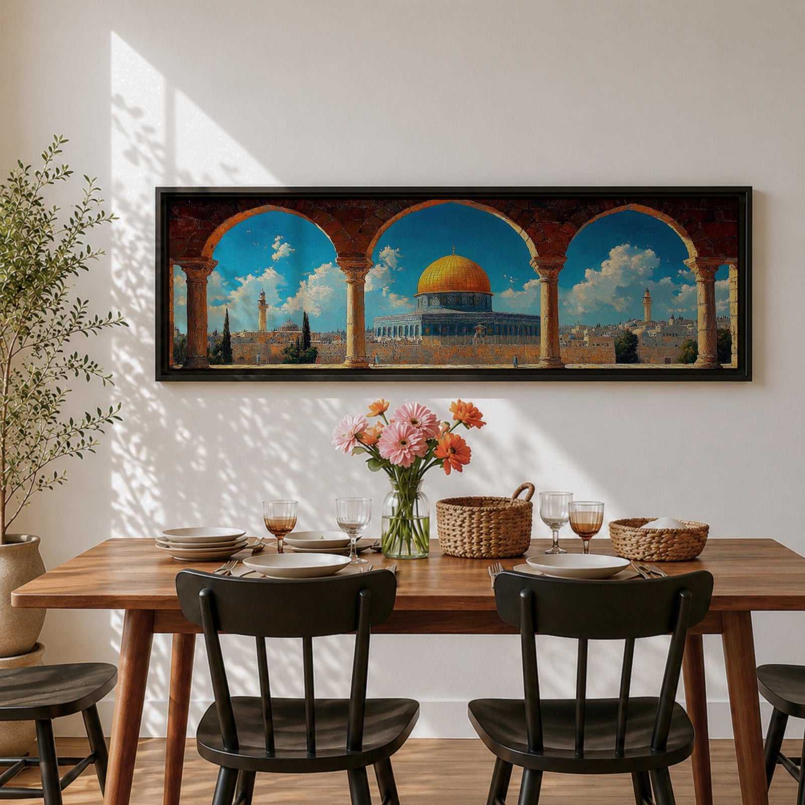 Panoramic architectural painting of Masjid Al Aqsa and the Dome of the Rock in Jerusalem viewed through ancient stone arches. The golden dome rises above historic city walls and minarets beneath a bright blue sky with scattered clouds, forming a wide horizontal composition of the sacred Islamic landmark.