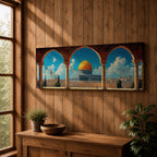 Panoramic architectural painting of Masjid Al Aqsa and the Dome of the Rock in Jerusalem viewed through ancient stone arches. The golden dome rises above historic city walls and minarets beneath a bright blue sky with scattered clouds, forming a wide horizontal composition of the sacred Islamic landmark.