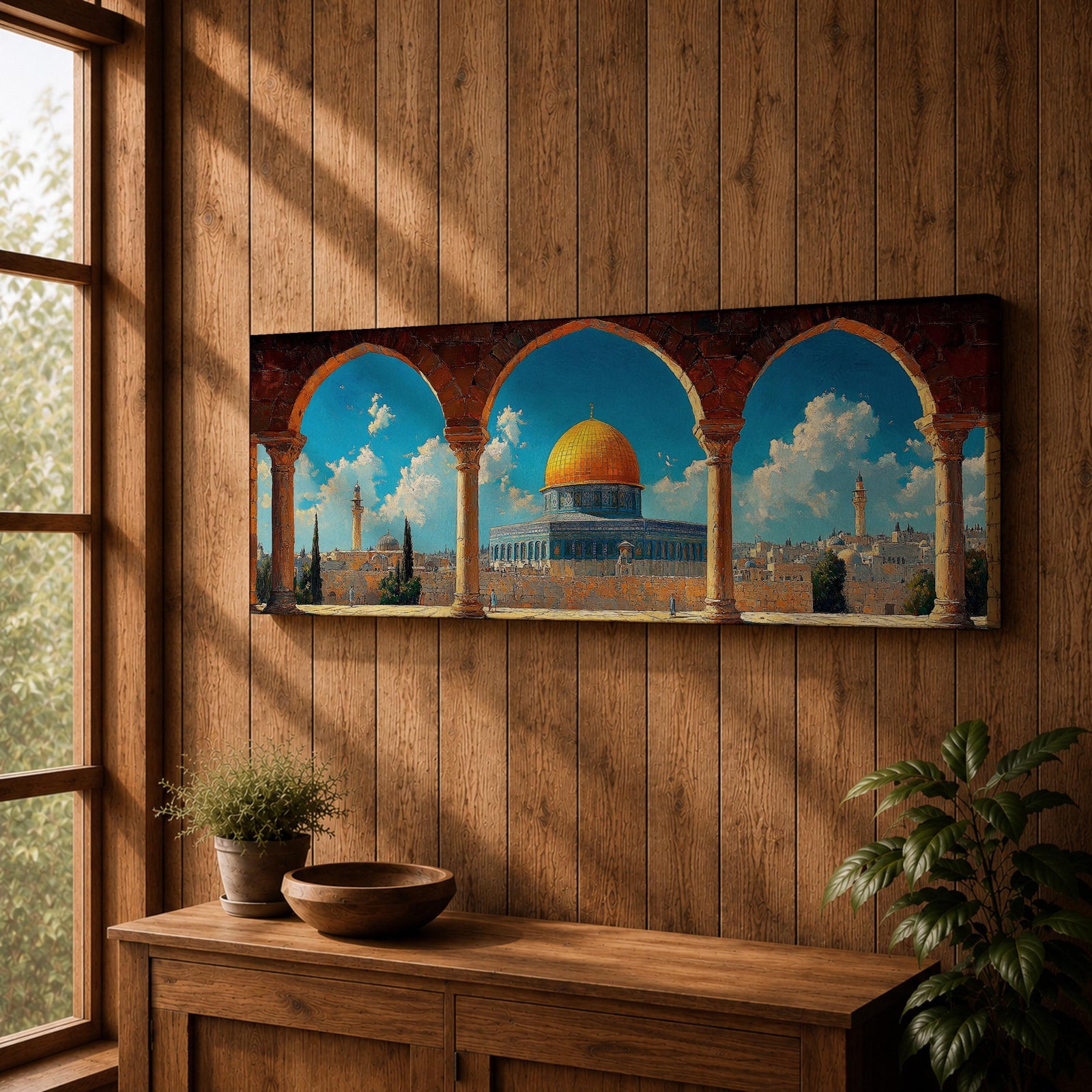 Panoramic architectural painting of Masjid Al Aqsa and the Dome of the Rock in Jerusalem viewed through ancient stone arches. The golden dome rises above historic city walls and minarets beneath a bright blue sky with scattered clouds, forming a wide horizontal composition of the sacred Islamic landmark.