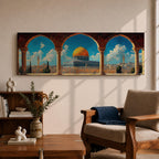 Panoramic architectural painting of Masjid Al Aqsa and the Dome of the Rock in Jerusalem viewed through ancient stone arches. The golden dome rises above historic city walls and minarets beneath a bright blue sky with scattered clouds, forming a wide horizontal composition of the sacred Islamic landmark.