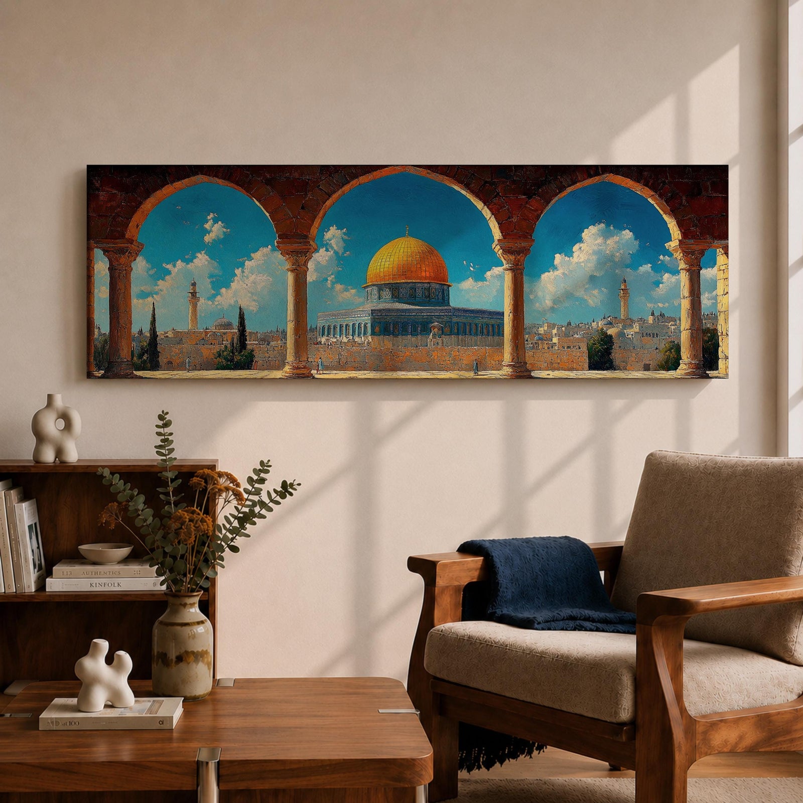 Panoramic architectural painting of Masjid Al Aqsa and the Dome of the Rock in Jerusalem viewed through ancient stone arches. The golden dome rises above historic city walls and minarets beneath a bright blue sky with scattered clouds, forming a wide horizontal composition of the sacred Islamic landmark.