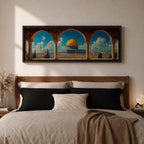 Panoramic architectural painting of Masjid Al Aqsa and the Dome of the Rock in Jerusalem viewed through ancient stone arches. The golden dome rises above historic city walls and minarets beneath a bright blue sky with scattered clouds, forming a wide horizontal composition of the sacred Islamic landmark.