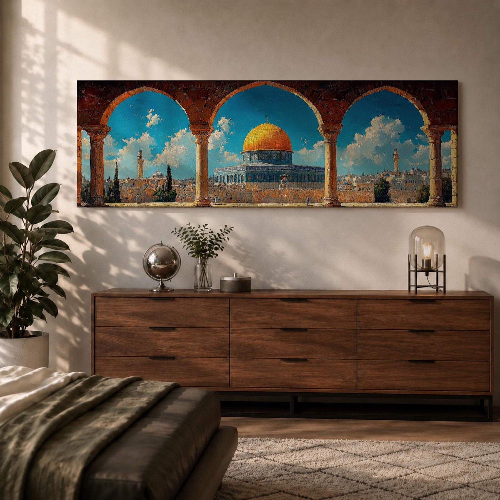Panoramic architectural painting of Masjid Al Aqsa and the Dome of the Rock in Jerusalem viewed through ancient stone arches. The golden dome rises above historic city walls and minarets beneath a bright blue sky with scattered clouds, forming a wide horizontal composition of the sacred Islamic landmark.