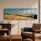 Panoramic wheat field landscape painting showing rolling golden farmland stretching across hills beneath a bright blue sky with scattered clouds. Textured brushstrokes depict tall wheat grasses in the foreground leading toward layered countryside fields, tree clusters, and distant hills across the wide rural horizon.