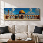 Panoramic architectural painting of Masjid Al Aqsa in Jerusalem featuring the golden Dome of the Rock surrounded by historic stone arches and courtyard colonnades. A tall minaret rises beside the mosque beneath a bright blue sky with scattered clouds, forming a wide horizontal composition of the sacred Islamic landmark.