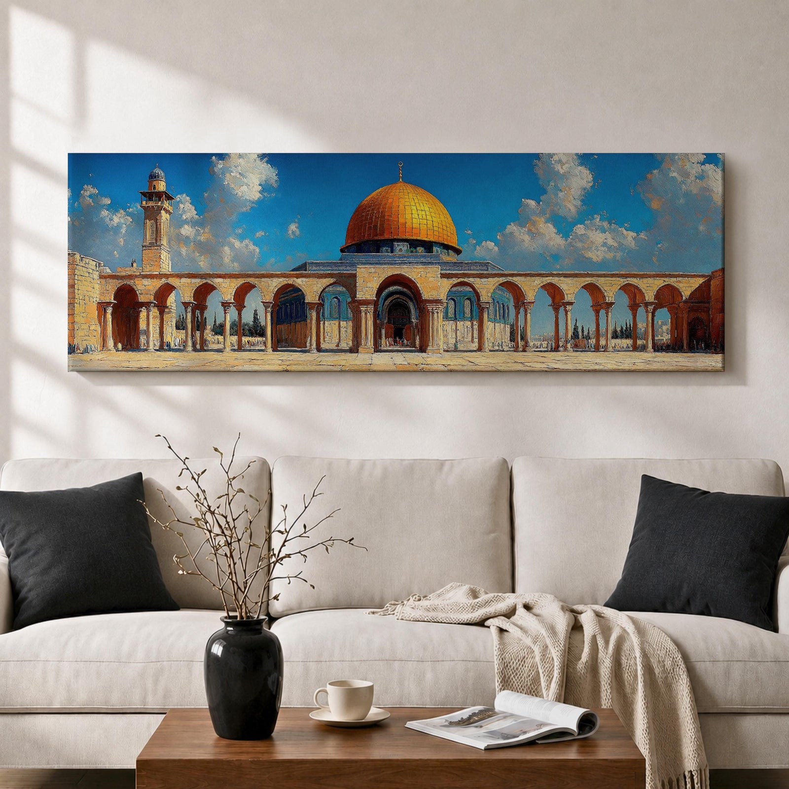 Panoramic architectural painting of Masjid Al Aqsa in Jerusalem featuring the golden Dome of the Rock surrounded by historic stone arches and courtyard colonnades. A tall minaret rises beside the mosque beneath a bright blue sky with scattered clouds, forming a wide horizontal composition of the sacred Islamic landmark.