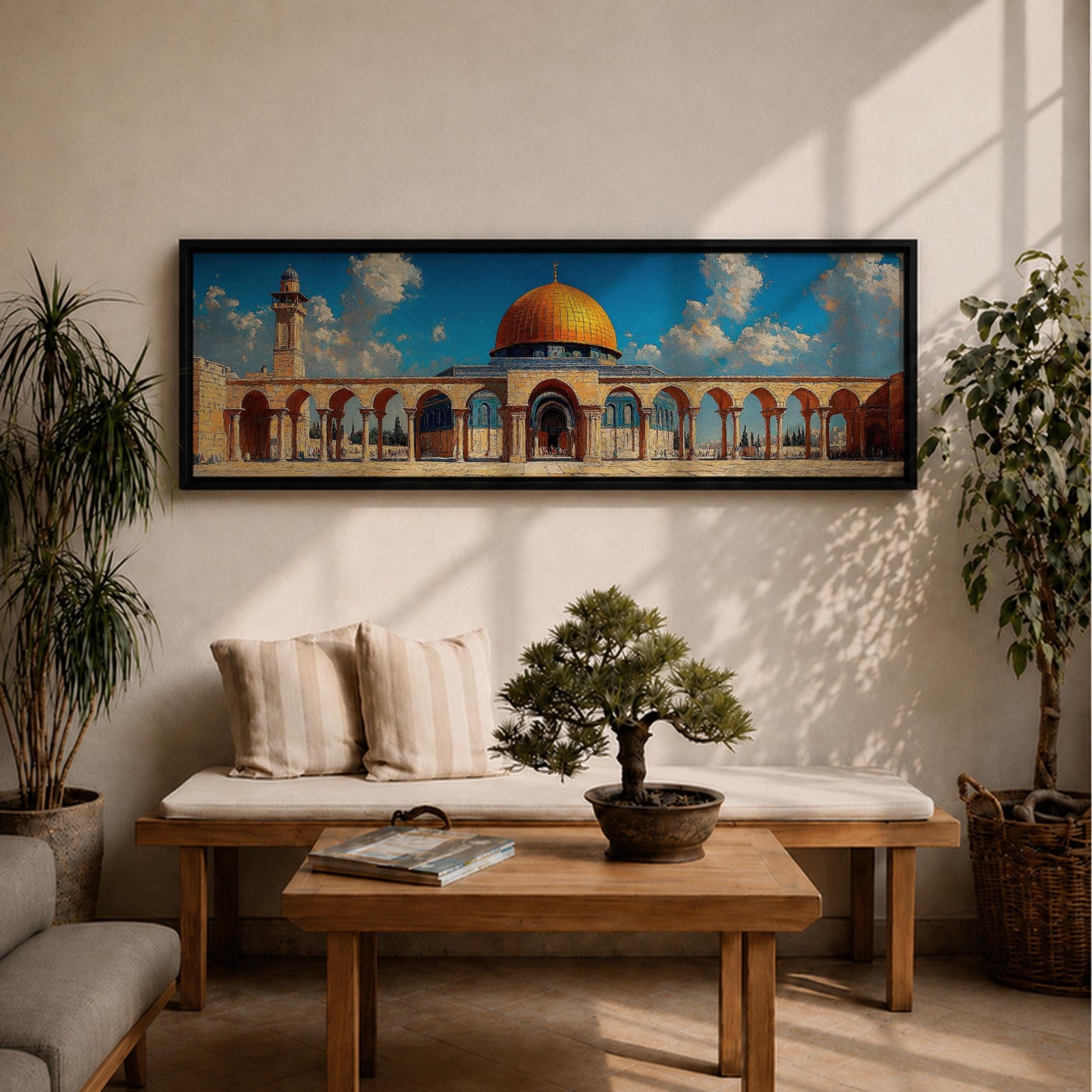 Panoramic architectural painting of Masjid Al Aqsa in Jerusalem featuring the golden Dome of the Rock surrounded by historic stone arches and courtyard colonnades. A tall minaret rises beside the mosque beneath a bright blue sky with scattered clouds, forming a wide horizontal composition of the sacred Islamic landmark.