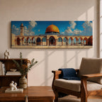 Panoramic architectural painting of Masjid Al Aqsa in Jerusalem featuring the golden Dome of the Rock surrounded by historic stone arches and courtyard colonnades. A tall minaret rises beside the mosque beneath a bright blue sky with scattered clouds, forming a wide horizontal composition of the sacred Islamic landmark.