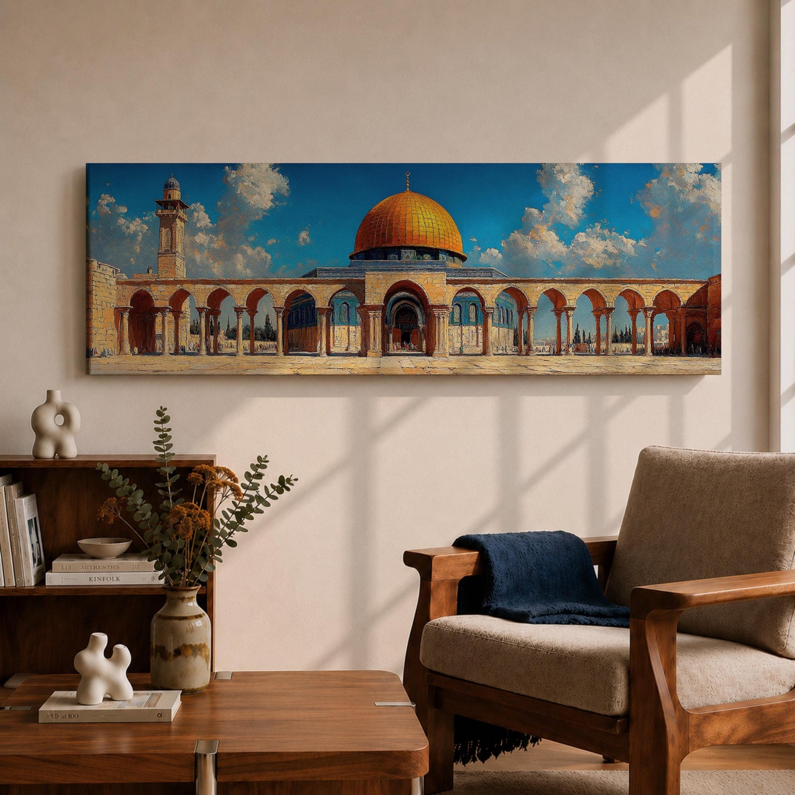 Panoramic architectural painting of Masjid Al Aqsa in Jerusalem featuring the golden Dome of the Rock surrounded by historic stone arches and courtyard colonnades. A tall minaret rises beside the mosque beneath a bright blue sky with scattered clouds, forming a wide horizontal composition of the sacred Islamic landmark.