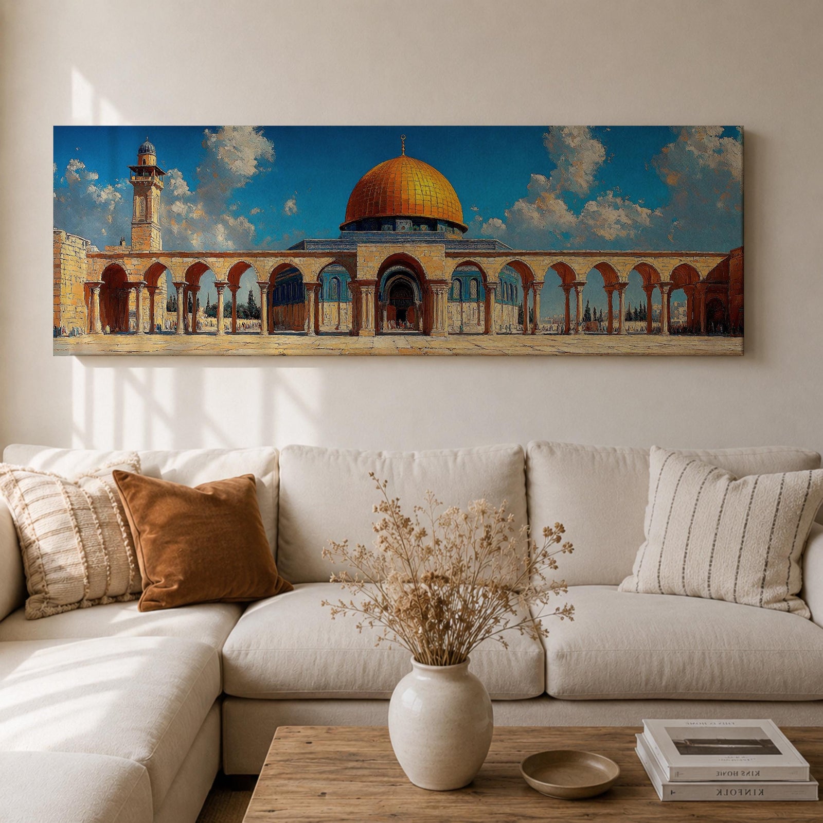 Panoramic architectural painting of Masjid Al Aqsa in Jerusalem featuring the golden Dome of the Rock surrounded by historic stone arches and courtyard colonnades. A tall minaret rises beside the mosque beneath a bright blue sky with scattered clouds, forming a wide horizontal composition of the sacred Islamic landmark.