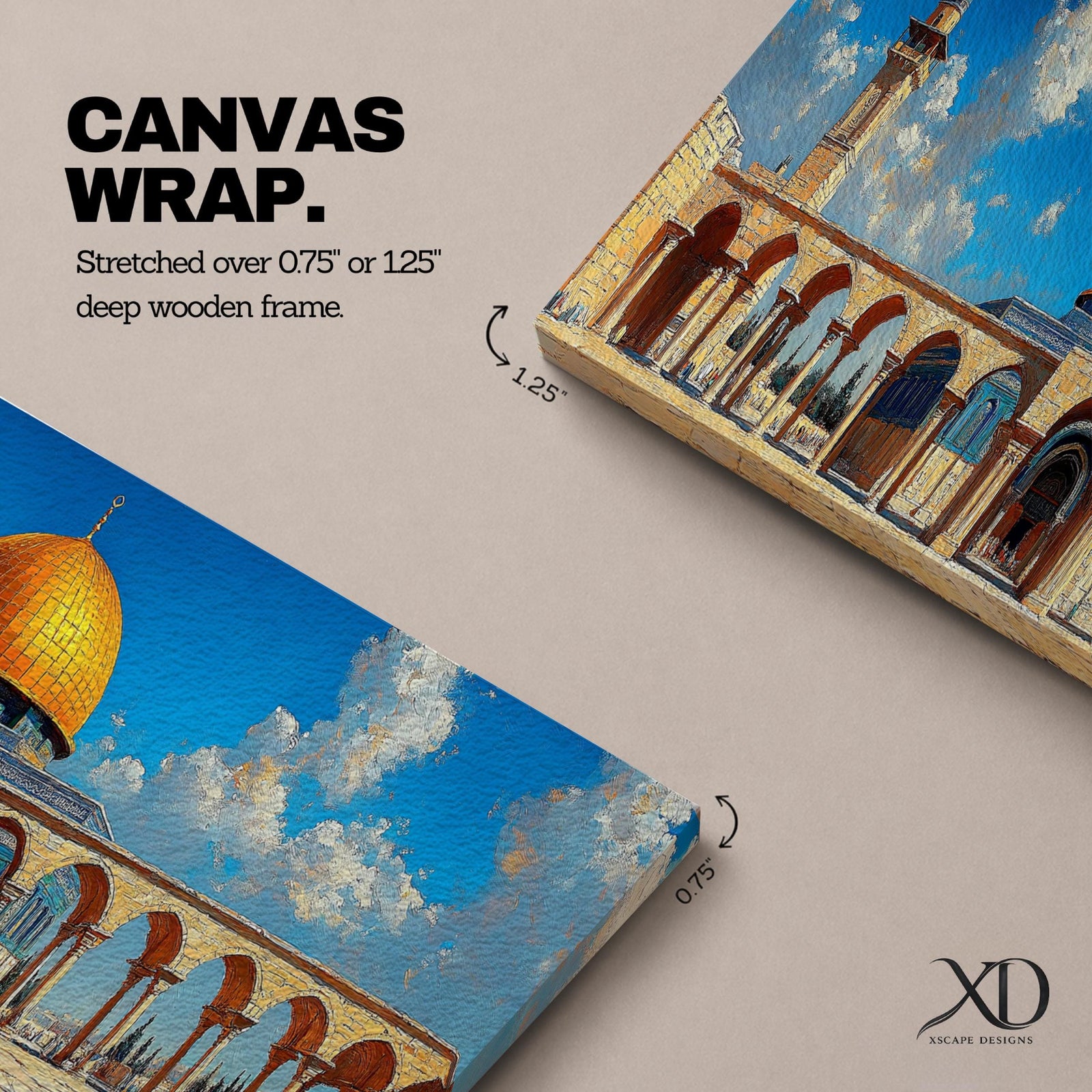 Panoramic architectural painting of Masjid Al Aqsa in Jerusalem featuring the golden Dome of the Rock surrounded by historic stone arches and courtyard colonnades. A tall minaret rises beside the mosque beneath a bright blue sky with scattered clouds, forming a wide horizontal composition of the sacred Islamic landmark.