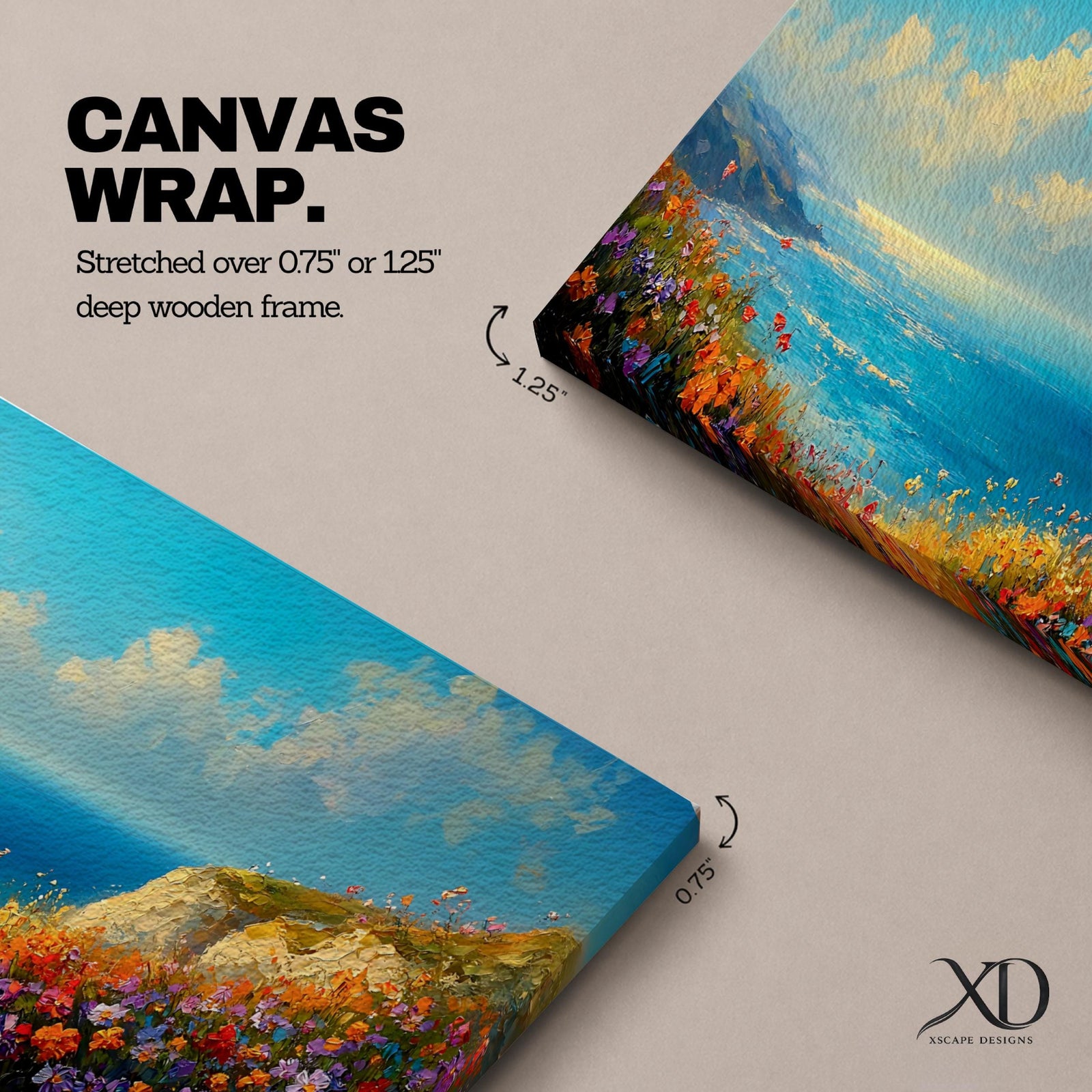 Panoramic coastal landscape painting of colorful wildflowers blooming along a seaside cliff overlooking a bright blue ocean. Vibrant pink, orange, purple, and yellow flowers fill the foreground while rolling waves and distant coastline stretch beneath a wide sky with soft clouds in a luminous horizontal composition.