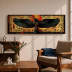 Panoramic ancient Egyptian style artwork featuring the falcon headed god Horus with wide outstretched wings beneath a glowing red sun disk. Hieroglyphic symbols and figures frame the composition while textured gold and dark tones highlight the wings and central deity across the wide symmetrical scene.