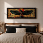 Panoramic ancient Egyptian style artwork featuring the falcon headed god Horus with wide outstretched wings beneath a glowing red sun disk. Hieroglyphic symbols and figures frame the composition while textured gold and dark tones highlight the wings and central deity across the wide symmetrical scene.