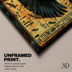 Panoramic ancient Egyptian style artwork featuring the falcon headed god Horus with wide outstretched wings beneath a glowing red sun disk. Hieroglyphic symbols and figures frame the composition while textured gold and dark tones highlight the wings and central deity across the wide symmetrical scene.