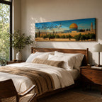 A long narrow panoramic painting depicts Masjid Al Aqsa with its iconic golden dome rising above stone walls and surrounding trees, set against a clear sky with Arabic calligraphy flowing across the upper composition, rendered in a detailed painterly style that blends architectural precision with warm tones and a serene landscape atmosphere.