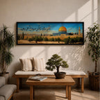 A long narrow panoramic painting depicts Masjid Al Aqsa with its iconic golden dome rising above stone walls and surrounding trees, set against a clear sky with Arabic calligraphy flowing across the upper composition, rendered in a detailed painterly style that blends architectural precision with warm tones and a serene landscape atmosphere.