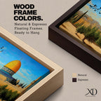 A long narrow panoramic painting depicts Masjid Al Aqsa with its iconic golden dome rising above stone walls and surrounding trees, set against a clear sky with Arabic calligraphy flowing across the upper composition, rendered in a detailed painterly style that blends architectural precision with warm tones and a serene landscape atmosphere.
