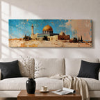 A long narrow panoramic painting depicts Masjid Al Aqsa with the golden dome rising above textured stone structures and surrounding trees, rendered in an abstract painterly style with layered brushstrokes, warm earthy tones, and a distressed sky that creates depth and a historic atmospheric cityscape.