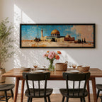 A long narrow panoramic painting depicts Masjid Al Aqsa with the golden dome rising above textured stone structures and surrounding trees, rendered in an abstract painterly style with layered brushstrokes, warm earthy tones, and a distressed sky that creates depth and a historic atmospheric cityscape.
