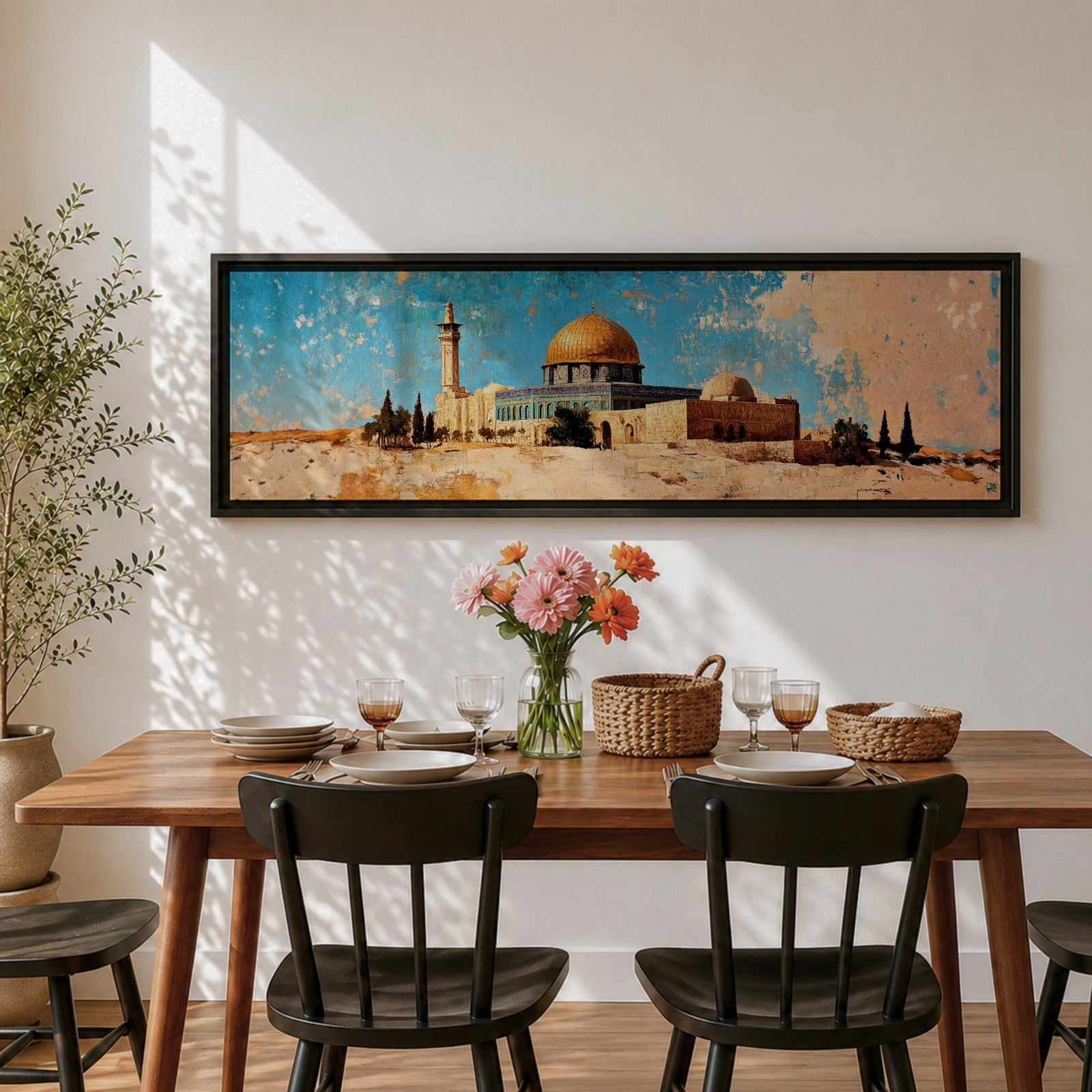 A long narrow panoramic painting depicts Masjid Al Aqsa with the golden dome rising above textured stone structures and surrounding trees, rendered in an abstract painterly style with layered brushstrokes, warm earthy tones, and a distressed sky that creates depth and a historic atmospheric cityscape.