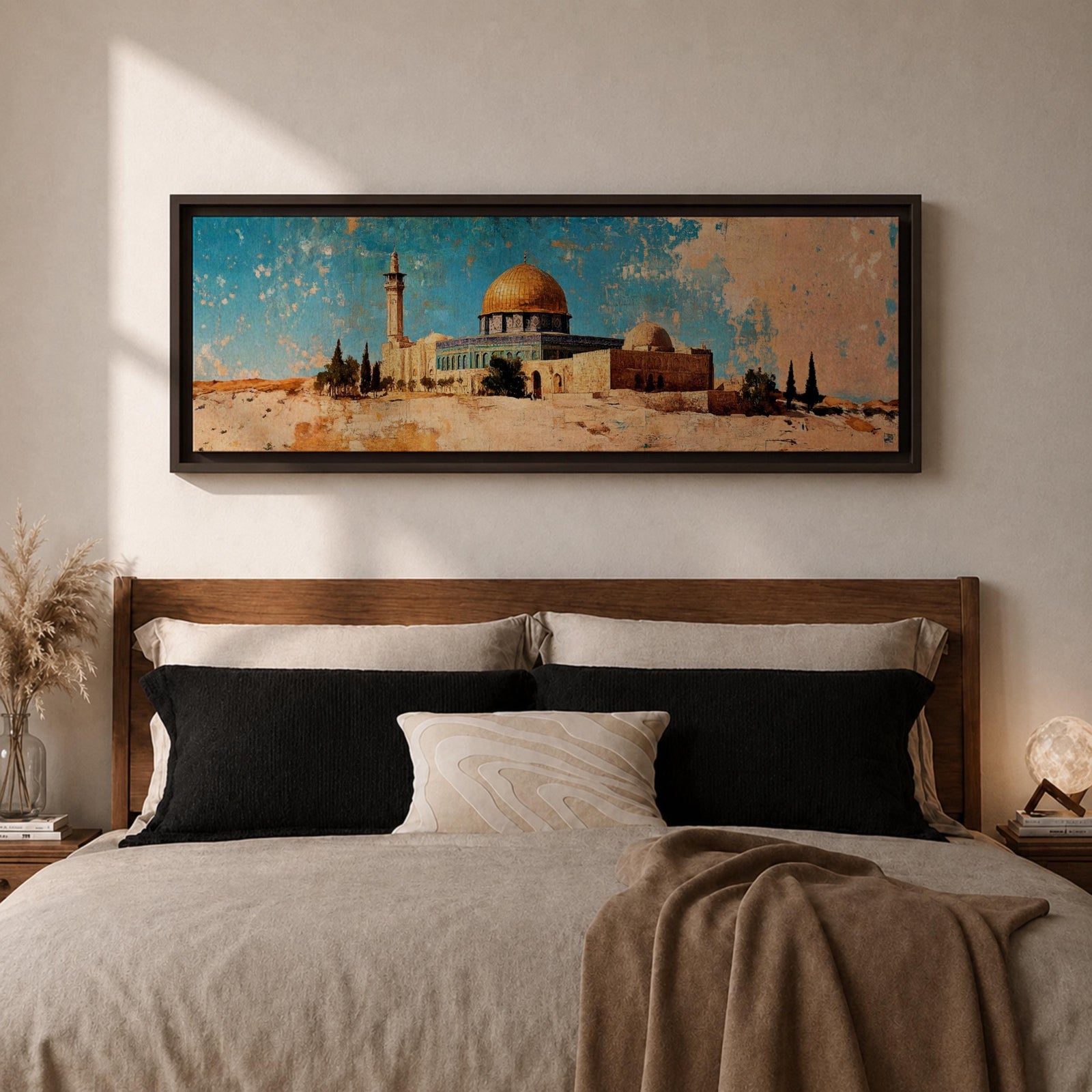 A long narrow panoramic painting depicts Masjid Al Aqsa with the golden dome rising above textured stone structures and surrounding trees, rendered in an abstract painterly style with layered brushstrokes, warm earthy tones, and a distressed sky that creates depth and a historic atmospheric cityscape.