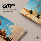 A long narrow panoramic painting depicts Masjid Al Aqsa with the golden dome rising above textured stone structures and surrounding trees, rendered in an abstract painterly style with layered brushstrokes, warm earthy tones, and a distressed sky that creates depth and a historic atmospheric cityscape.