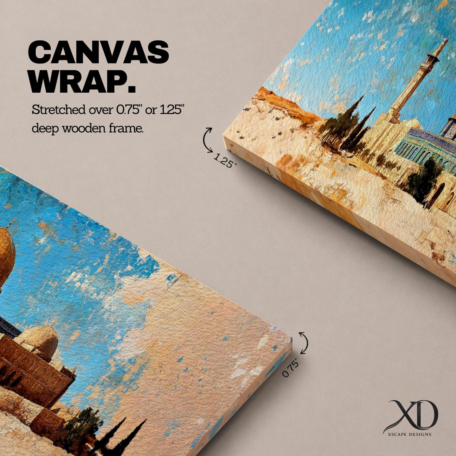 A long narrow panoramic painting depicts Masjid Al Aqsa with the golden dome rising above textured stone structures and surrounding trees, rendered in an abstract painterly style with layered brushstrokes, warm earthy tones, and a distressed sky that creates depth and a historic atmospheric cityscape.