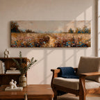 Panoramic wildflower meadow landscape painting featuring a soft rural field filled with scattered blue and white flowers across golden grasses. A narrow path leads through the meadow toward distant trees and open countryside beneath a muted cloudy sky, with textured brushstrokes creating depth across the wide pastoral scene.