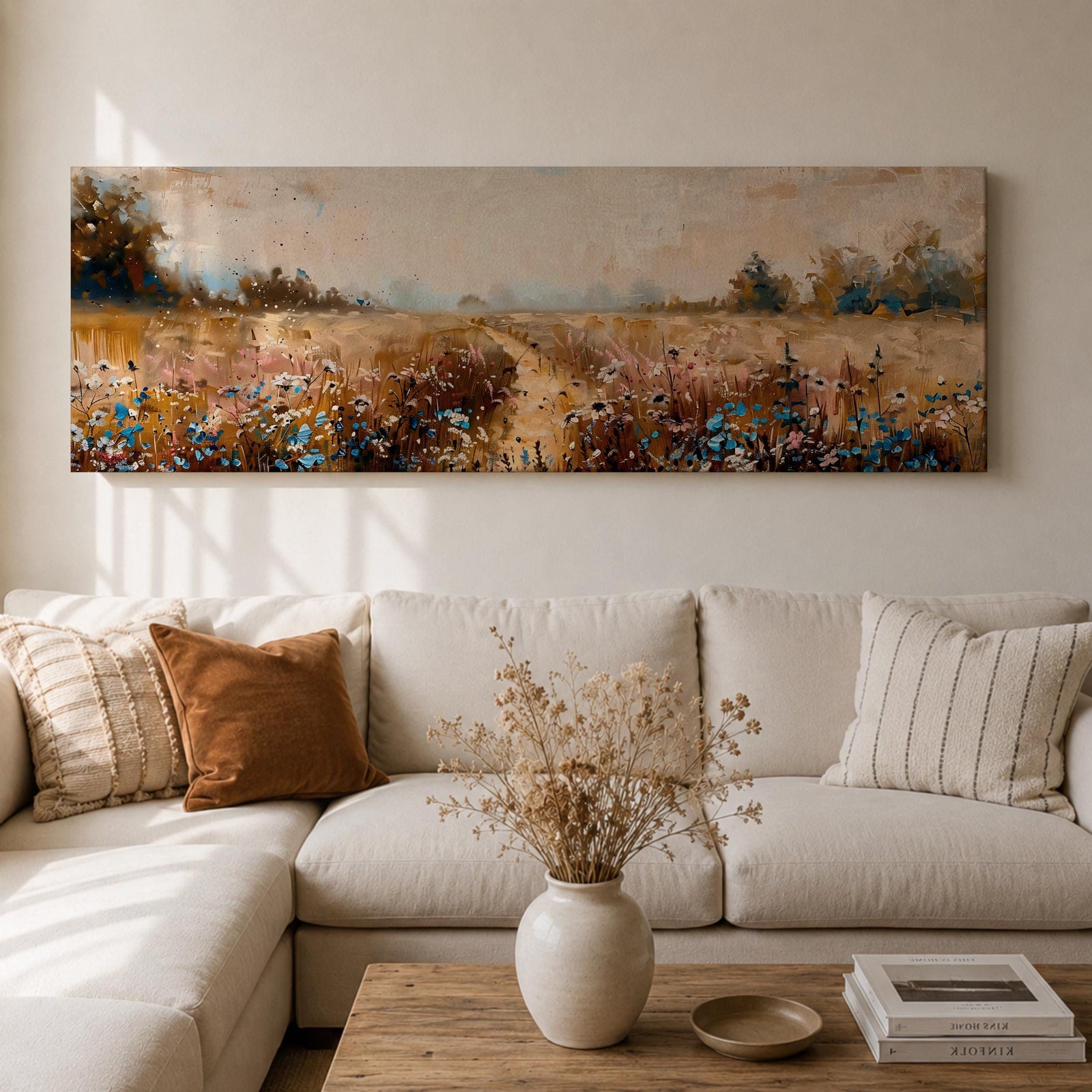 Panoramic wildflower meadow landscape painting featuring a soft rural field filled with scattered blue and white flowers across golden grasses. A narrow path leads through the meadow toward distant trees and open countryside beneath a muted cloudy sky, with textured brushstrokes creating depth across the wide pastoral scene.