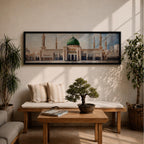 Panoramic architectural painting of Masjid Nabawi in Medina featuring the iconic green dome centered among elegant minarets and grand mosque arches. The courtyard stretches across the composition while soft clouds gather above the sacred structure, highlighting detailed Islamic architecture across the wide skyline.