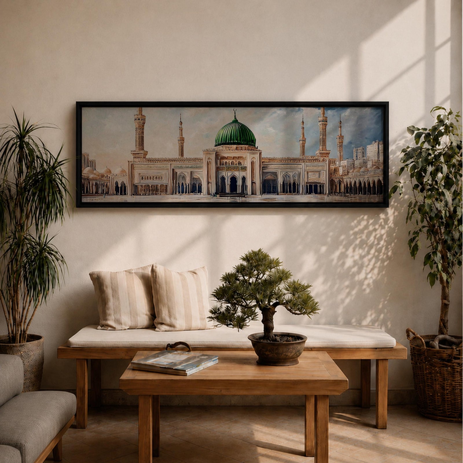 Panoramic architectural painting of Masjid Nabawi in Medina featuring the iconic green dome centered among elegant minarets and grand mosque arches. The courtyard stretches across the composition while soft clouds gather above the sacred structure, highlighting detailed Islamic architecture across the wide skyline.