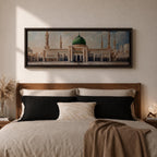 Panoramic architectural painting of Masjid Nabawi in Medina featuring the iconic green dome centered among elegant minarets and grand mosque arches. The courtyard stretches across the composition while soft clouds gather above the sacred structure, highlighting detailed Islamic architecture across the wide skyline.