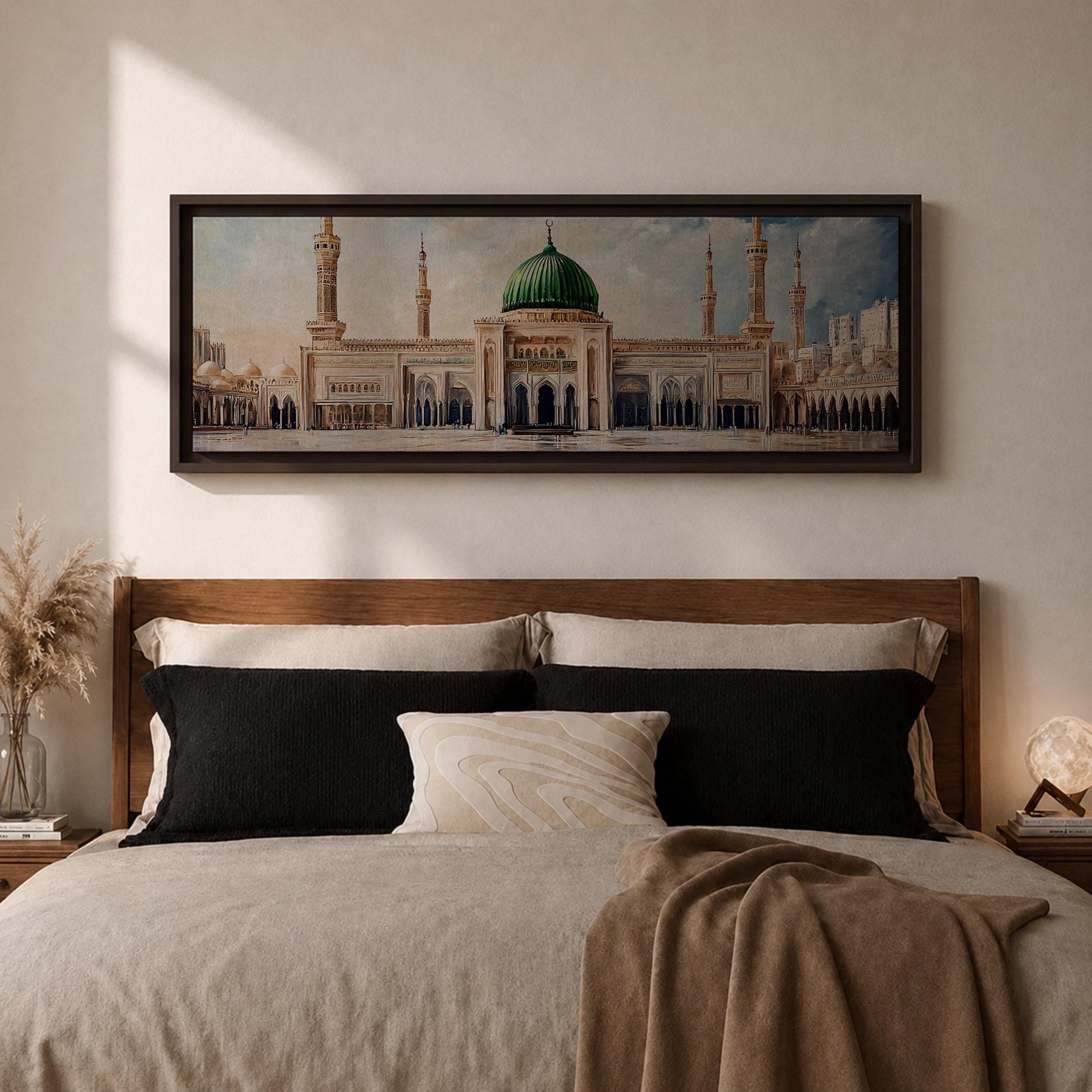 Panoramic architectural painting of Masjid Nabawi in Medina featuring the iconic green dome centered among elegant minarets and grand mosque arches. The courtyard stretches across the composition while soft clouds gather above the sacred structure, highlighting detailed Islamic architecture across the wide skyline.