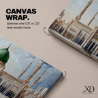 Panoramic architectural painting of Masjid Nabawi in Medina featuring the iconic green dome centered among elegant minarets and grand mosque arches. The courtyard stretches across the composition while soft clouds gather above the sacred structure, highlighting detailed Islamic architecture across the wide skyline.