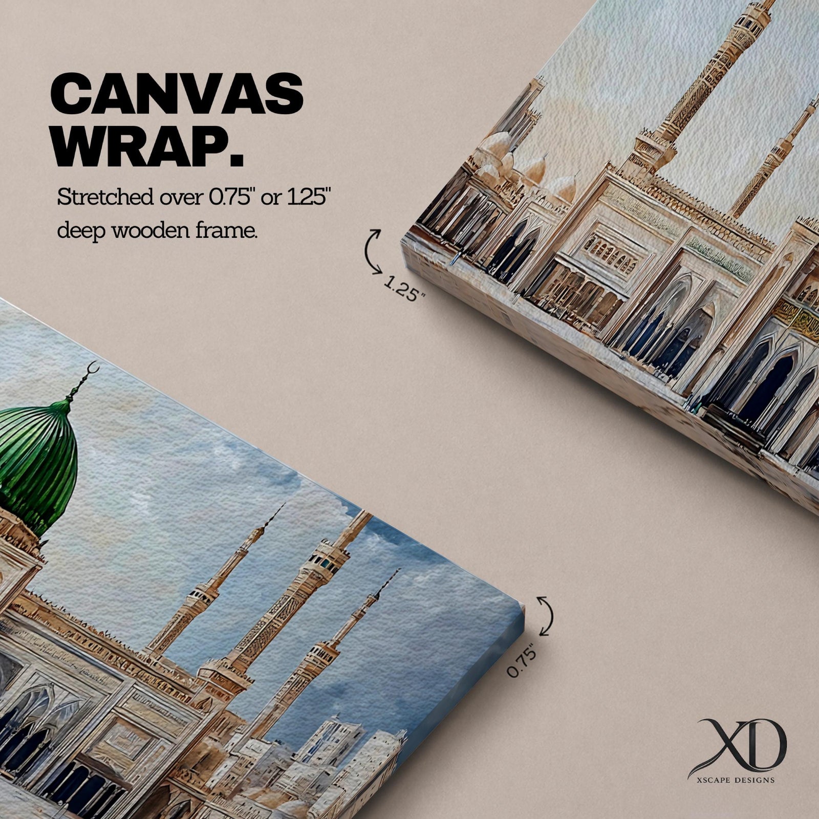 Panoramic architectural painting of Masjid Nabawi in Medina featuring the iconic green dome centered among elegant minarets and grand mosque arches. The courtyard stretches across the composition while soft clouds gather above the sacred structure, highlighting detailed Islamic architecture across the wide skyline.