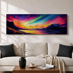 Panoramic northern lights landscape painting showing vibrant aurora borealis ribbons sweeping across a night sky in bright greens pinks and purples. Dark mountain silhouettes frame a reflective lake while glowing colors spread across the horizon creating a dramatic wide arctic night scene.