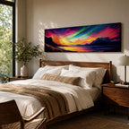 Panoramic northern lights landscape painting showing vibrant aurora borealis ribbons sweeping across a night sky in bright greens pinks and purples. Dark mountain silhouettes frame a reflective lake while glowing colors spread across the horizon creating a dramatic wide arctic night scene.