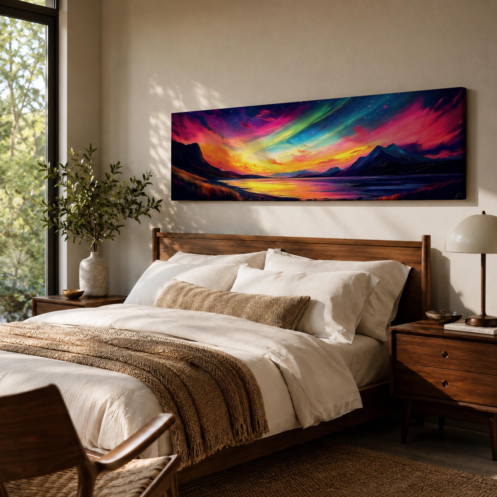 Panoramic northern lights landscape painting showing vibrant aurora borealis ribbons sweeping across a night sky in bright greens pinks and purples. Dark mountain silhouettes frame a reflective lake while glowing colors spread across the horizon creating a dramatic wide arctic night scene.