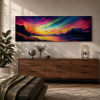 Panoramic northern lights landscape painting showing vibrant aurora borealis ribbons sweeping across a night sky in bright greens pinks and purples. Dark mountain silhouettes frame a reflective lake while glowing colors spread across the horizon creating a dramatic wide arctic night scene.