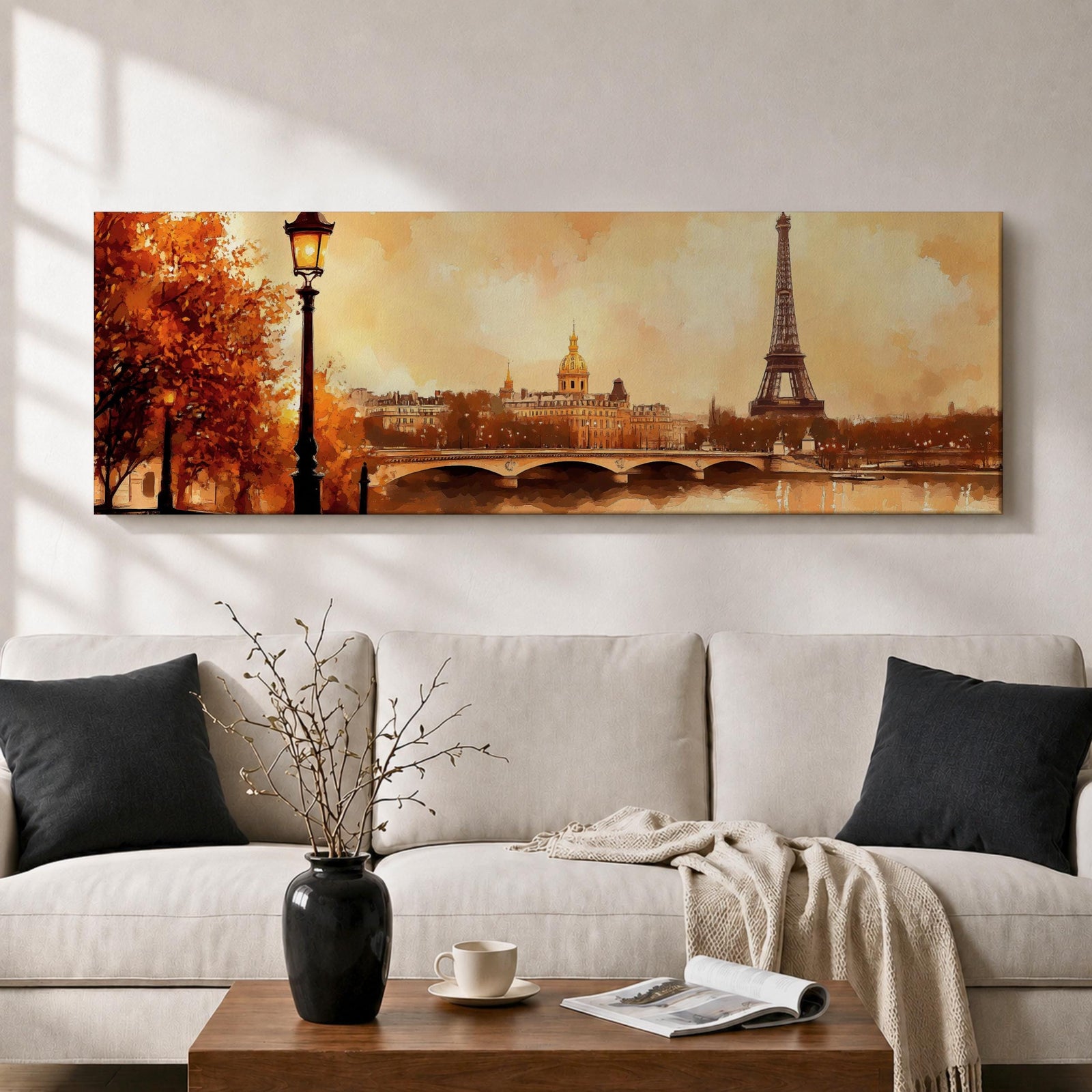 A long panoramic watercolor style painting of the Eiffel Tower rising above the Paris skyline beside the Seine River. Warm autumn foliage frames the scene while a bridge crosses the river and historic buildings sit beneath a glowing sky, creating a romantic Paris cityscape in a wide horizontal composition.