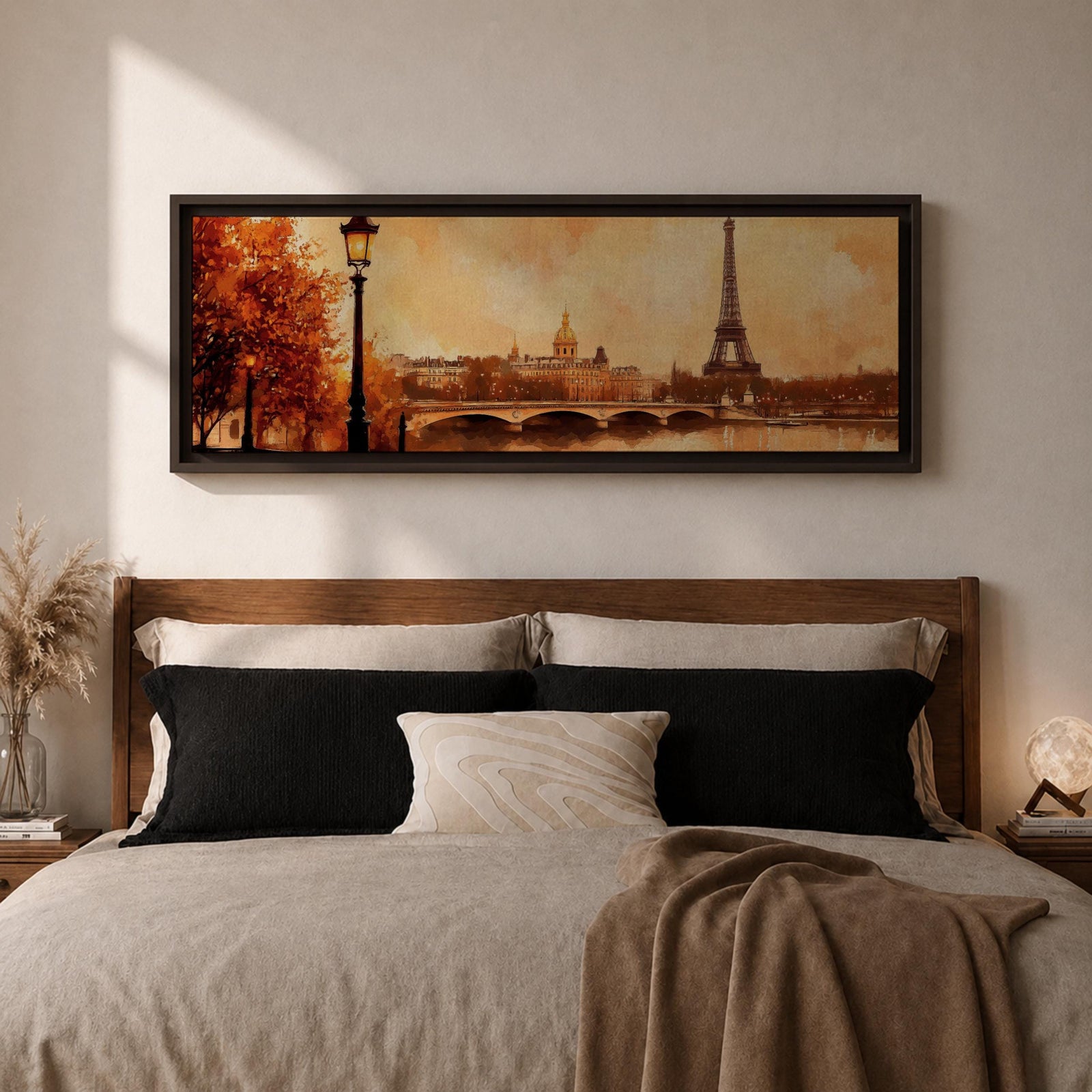 A long panoramic watercolor style painting of the Eiffel Tower rising above the Paris skyline beside the Seine River. Warm autumn foliage frames the scene while a bridge crosses the river and historic buildings sit beneath a glowing sky, creating a romantic Paris cityscape in a wide horizontal composition.