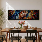Panoramic stained glass style artwork of the Virgin Mary with closed eyes and folded hands in prayer. Colorful mosaic tiles form her blue veil and warm skin tones while radiant red gold and blue glass pieces spread outward like a halo creating a luminous sacred composition.