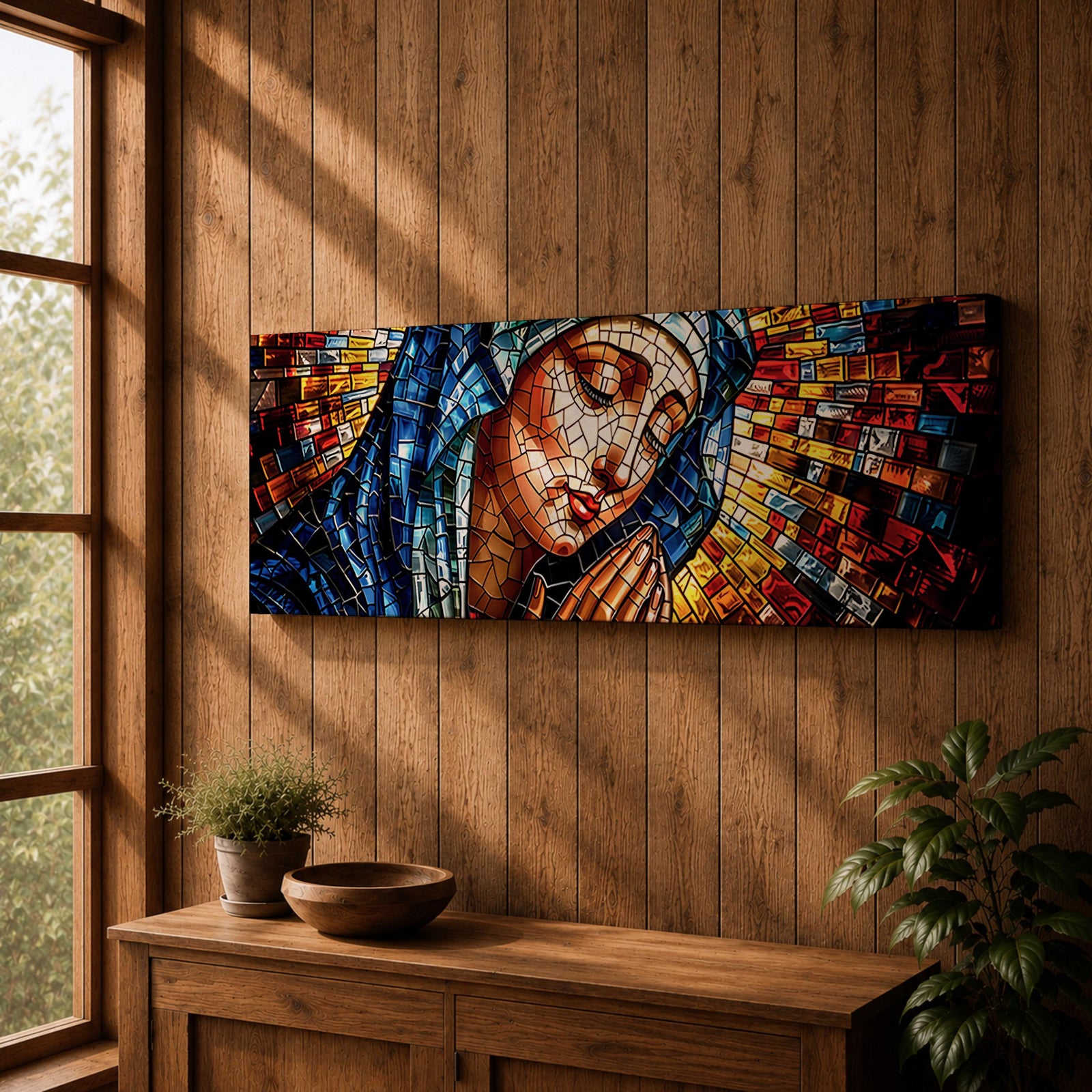 Panoramic stained glass style artwork of the Virgin Mary with closed eyes and folded hands in prayer. Colorful mosaic tiles form her blue veil and warm skin tones while radiant red gold and blue glass pieces spread outward like a halo creating a luminous sacred composition.