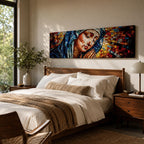 Panoramic stained glass style artwork of the Virgin Mary with closed eyes and folded hands in prayer. Colorful mosaic tiles form her blue veil and warm skin tones while radiant red gold and blue glass pieces spread outward like a halo creating a luminous sacred composition.