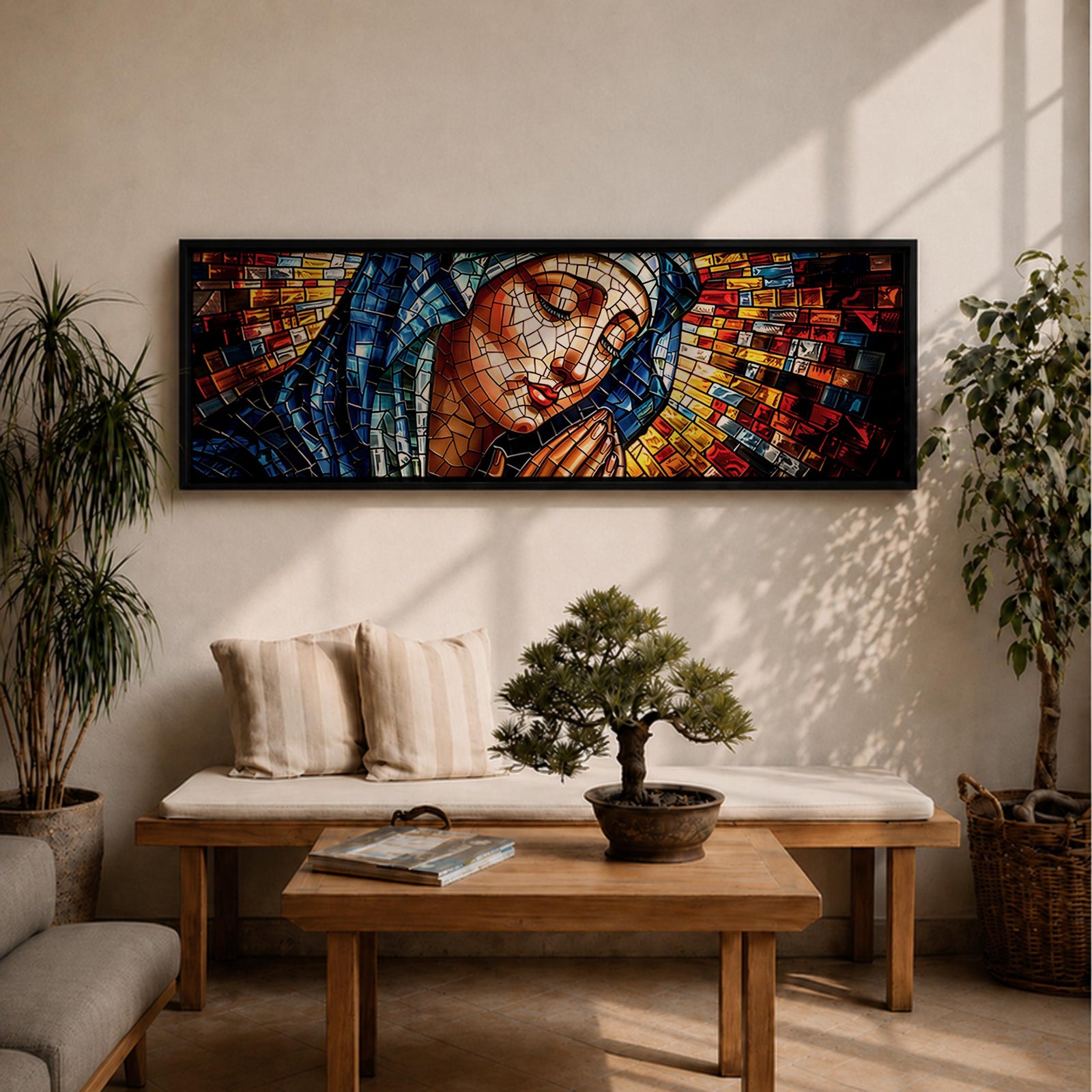 Panoramic stained glass style artwork of the Virgin Mary with closed eyes and folded hands in prayer. Colorful mosaic tiles form her blue veil and warm skin tones while radiant red gold and blue glass pieces spread outward like a halo creating a luminous sacred composition.
