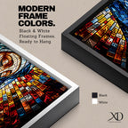 Panoramic stained glass style artwork of the Virgin Mary with closed eyes and folded hands in prayer. Colorful mosaic tiles form her blue veil and warm skin tones while radiant red gold and blue glass pieces spread outward like a halo creating a luminous sacred composition.