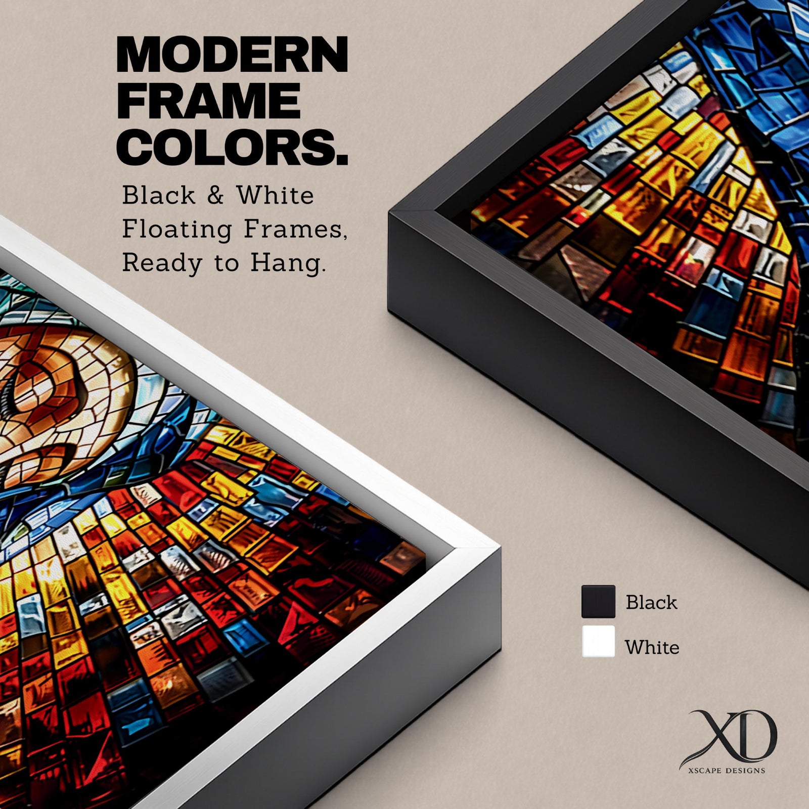 Panoramic stained glass style artwork of the Virgin Mary with closed eyes and folded hands in prayer. Colorful mosaic tiles form her blue veil and warm skin tones while radiant red gold and blue glass pieces spread outward like a halo creating a luminous sacred composition.