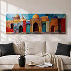 Panoramic painting of colorful Islamic architecture featuring ornate Moroccan and Moorish arches, tiled walls, and domed rooftops arranged in a vibrant row. Intricate geometric patterns and mosaic textures in reds, blues, and golds decorate the buildings beneath a bright sky across the wide composition.
