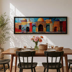 Panoramic painting of colorful Islamic architecture featuring ornate Moroccan and Moorish arches, tiled walls, and domed rooftops arranged in a vibrant row. Intricate geometric patterns and mosaic textures in reds, blues, and golds decorate the buildings beneath a bright sky across the wide composition.